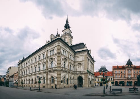 Novi Sad, Serbia - 07-18-2018. Panoramic View of the main square in Novi Sad, Serbia in a cloudy summer day