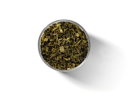 Green tea top view on white background.