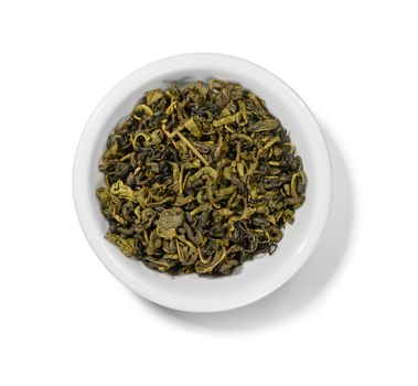 Green tea top view on white background.