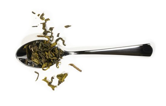 Green tea top view on white background.