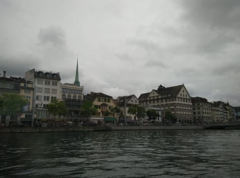 a city waterfront in winter