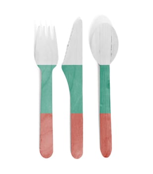 Eco friendly wooden cutlery - Plastic free concept - Isolated - Flag of Bulgaria