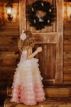 A little girl in a pink dress stands in front of a wooden door with a Christmas wreath. Welcome to the fairy tale