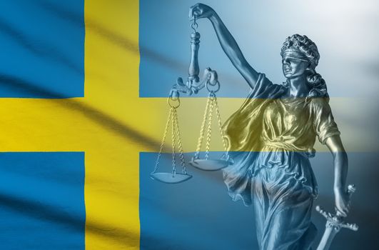 Flag of Sweden with statue of blindfolded Justice conceptual of law and order and impartiality