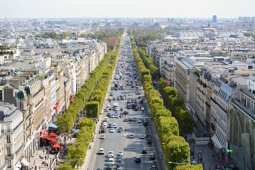 View from the Arc de Triomphe in Paris, down the Avenue des Champs-Elysees, towards the Louvre