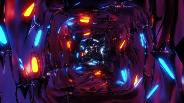 endless abstract fantasy elven tunnel corridor with glowing lights and reflective metal contur 3d illustration background wallpaper, middle age fantasy design 3d rendering building