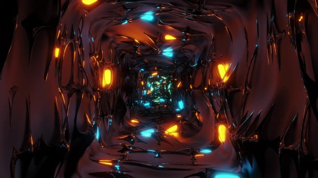 endless abstract fantasy elven tunnel corridor with glowing lights and reflective metal contur 3d illustration background wallpaper, middle age fantasy design 3d rendering building