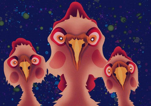 Three terrible chickens, abstract joke illustration, portrait of birds who like to fight