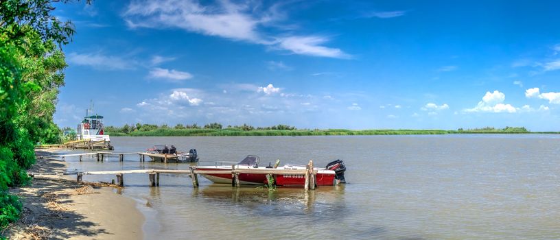 Vilkovo, Ukraine - 06.23.2019. Zero kilometer - the place where the Danube flows into the Black Sea in Ukraine