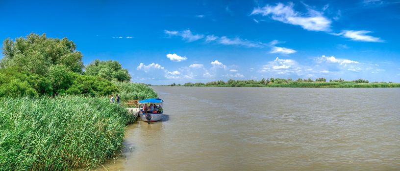 Vilkovo, Ukraine - 06.23.2019. Zero kilometer - the place where the Danube flows into the Black Sea in Ukraine