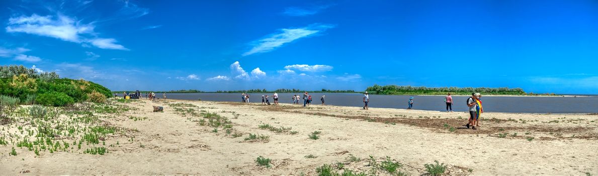 Vilkovo, Ukraine - 06.23.2019. Zero kilometer - the place where the Danube flows into the Black Sea in Ukraine