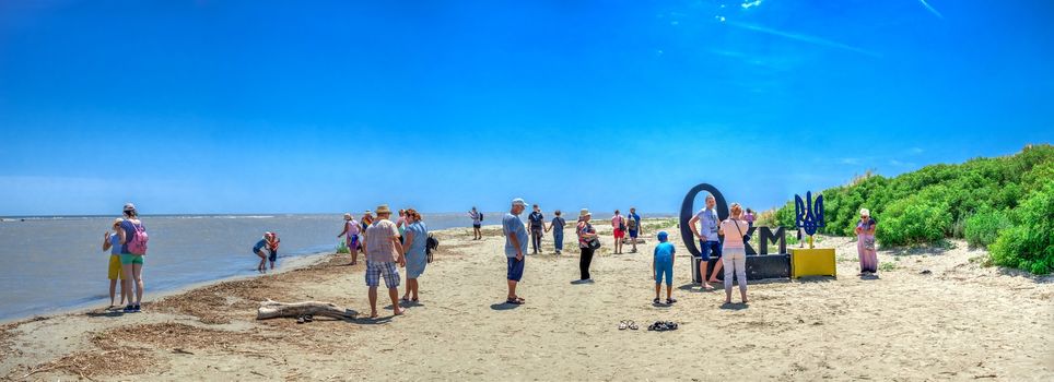 Vilkovo, Ukraine - 06.23.2019. Zero kilometer - the place where the Danube flows into the Black Sea in Ukraine