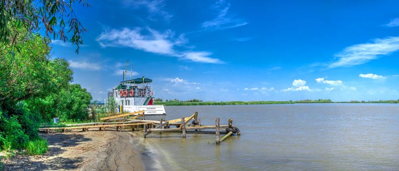 Vilkovo, Ukraine - 06.23.2019. Zero kilometer - the place where the Danube flows into the Black Sea in Ukraine