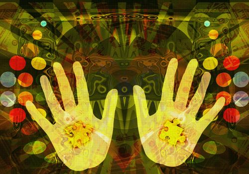 Hands of magician, player of worlds, abstract textured illustration showing a picture of manipulations applied in the struggle of different forces