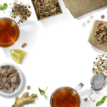 Picking of herbs, berries, tea and accessories. Top view on white background.