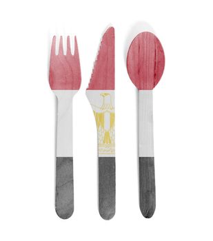 Eco friendly wooden cutlery - Plastic free concept - Isolated - Flag of Egypt
