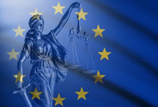 Statue of Justice over a European Union Flag conceptual of the courts, law enforcement and impartiality
