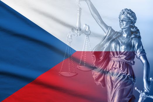 Composite of the Czech Republic national flag and statue of Justice holding the scales and sword of law