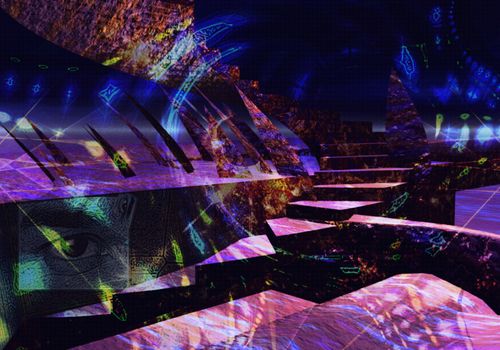 Leaving the dungeon to the surface, it is a 3d abstract illustration showing the scene of another world in different levels