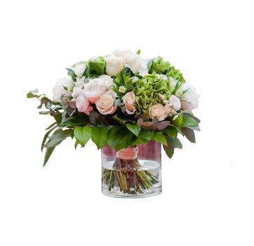 white pink flowers in transparent vase in water isolated on white background