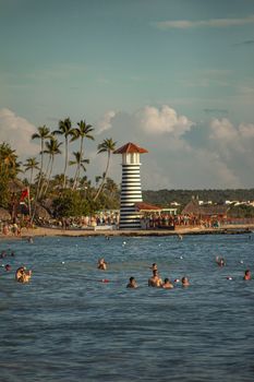 Lighthouse on the Dominicus beach in Bayahibe in the Dominican Republic at sunset