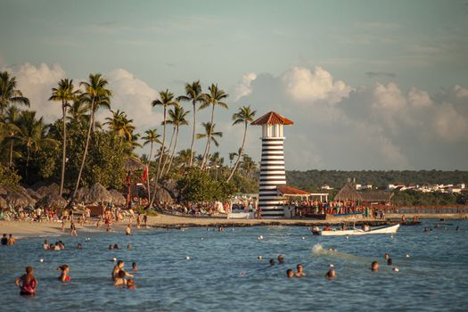 Lighthouse on the Dominicus beach in Bayahibe in the Dominican Republic at sunset