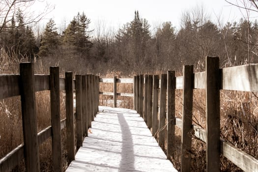 A wooden boardwalk through a marsh area on a nature trail has seen snowfall and is s in seen in afternoon shadows.
