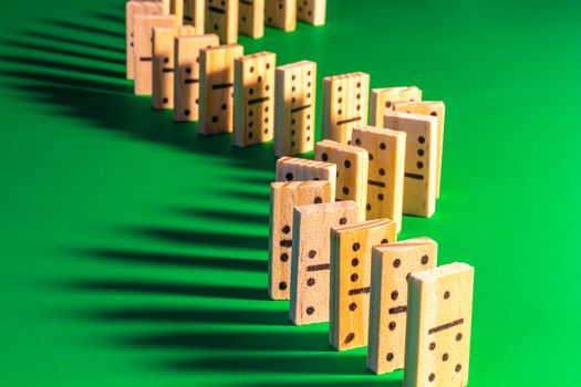 A curved line of standing wooden dominoes on solid green is seen lit from the right, producing long shadows falling on the left. The domino show is ready to begin by toppling one of the game pieces.