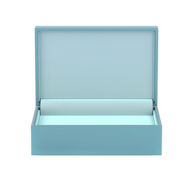 Front view of empty leather turquoise colored box for jewelry or gifts on white background