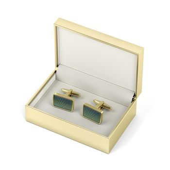 Golden box with cufflinks on white background