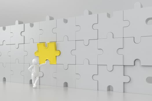 3D illustration,3D rendering,The character is wearing the last piece of the jigsaw puzzle to complete the mission. Includes selection path of floor and background.