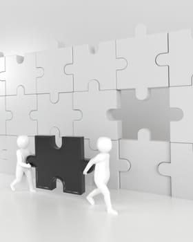 3D illustration,3D rendering,The character is wearing the last piece of the jigsaw puzzle to complete the mission. Includes selection path of floor and background.