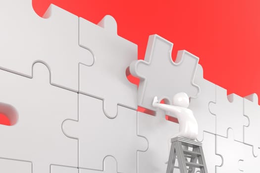 3D illustration,3D rendering,The character is wearing the last piece of the jigsaw puzzle to complete the mission. Includes selection path of floor and background.