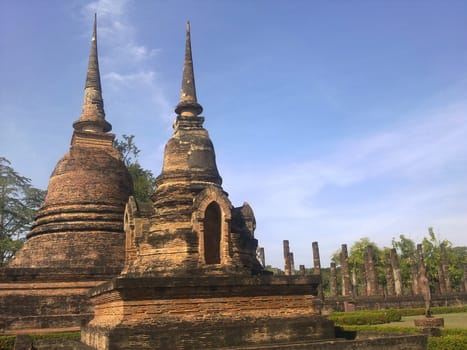Two Pagodas in sukhothai Historical Park. Sukhothai Thailand.