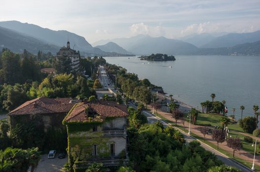 Grand Hotel Des Iles Borromees and Stresa town embankment, view from roof bar Hotel la Palma. Italy