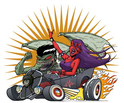 Monster Hot Rod with Driving Demon Girl and monster riding shotgun with starburst background for black Tshirt