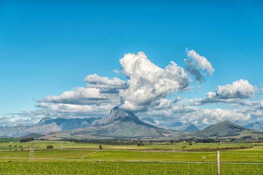 A view from road R312 towards Simonsberg and the Hottentots-Holland Mountains in the Western Cape Province
