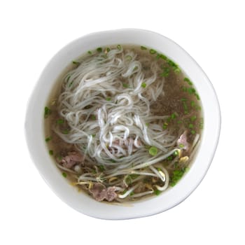 Traditional vietnamese soup pho bo, top view, isolated