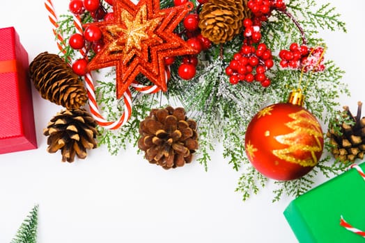 Christmas composition decorations, fir tree branches on white background. Merry Christmas concept. Copy space for text