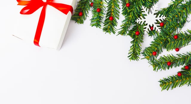 Happy New Year and Christmas day, top view flat lay composition decoration on white background with copy space for your text