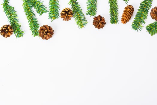 Happy New Year and Christmas day, top view flat lay composition decoration on white background with copy space for your text