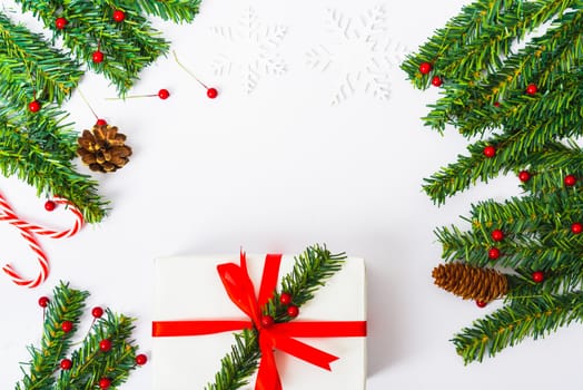 Happy New Year and Christmas day, top view flat lay composition decoration on white background with copy space for your text