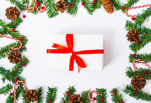 Happy New Year and Christmas day, top view flat lay composition decoration on white background with copy space for your text