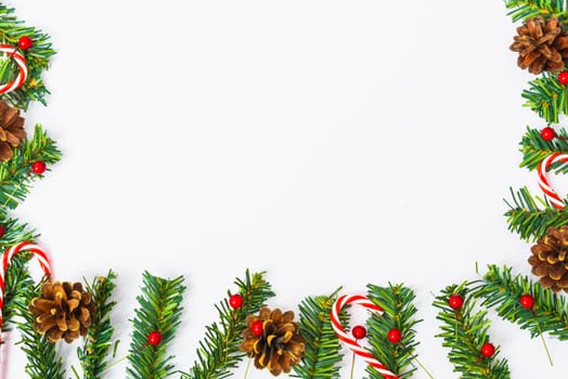 Happy New Year and Christmas day, top view flat lay composition decoration on white background with copy space for your text