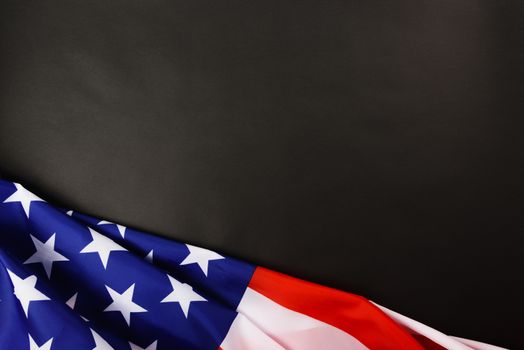 Martin luther king day, flat lay top view, American flag democracy on black background with copy space for your text