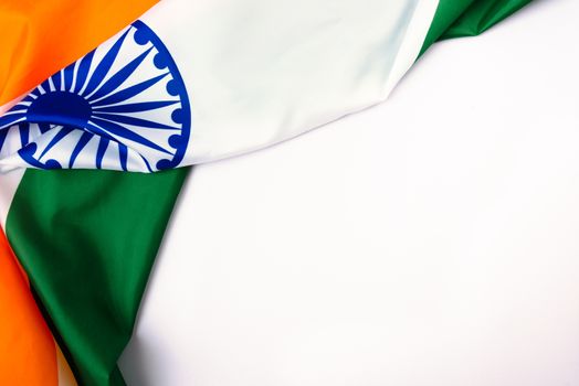 Indian republic day, flat lay top view, Indian tricolor flag on white background with copy space for your text