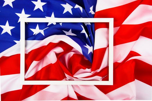 President's Day Concept, flat lay top view, America Flag and photo frame background with copy space for your text