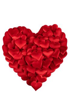 Valentine's day many red silk hearts isolated on white background, love concept