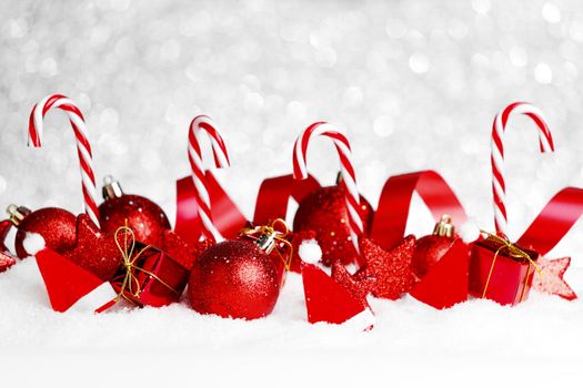 Beautiful red christmas decor on snow