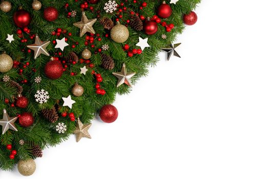 Christmas New year decoration frame isolated on white , fir tree branches , red and golden baubles and pine cones , wooden decor , red berries , copy space for text